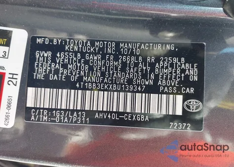 2011 Toyota Camry Hybrid из США, поврежденный, VIN 4T1BB3EKXBU139347